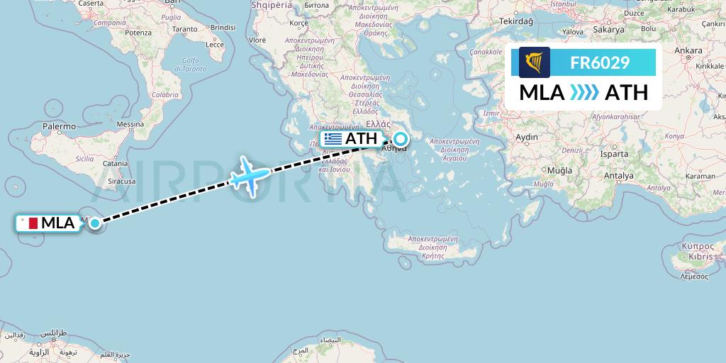 FR6029 Ryanair Flight Map: Malta to Athens