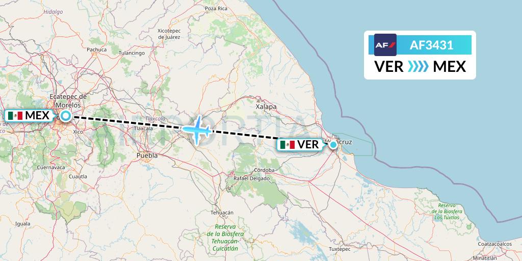 AF3431 Air France Flight Map: Veracruz to Mexico City