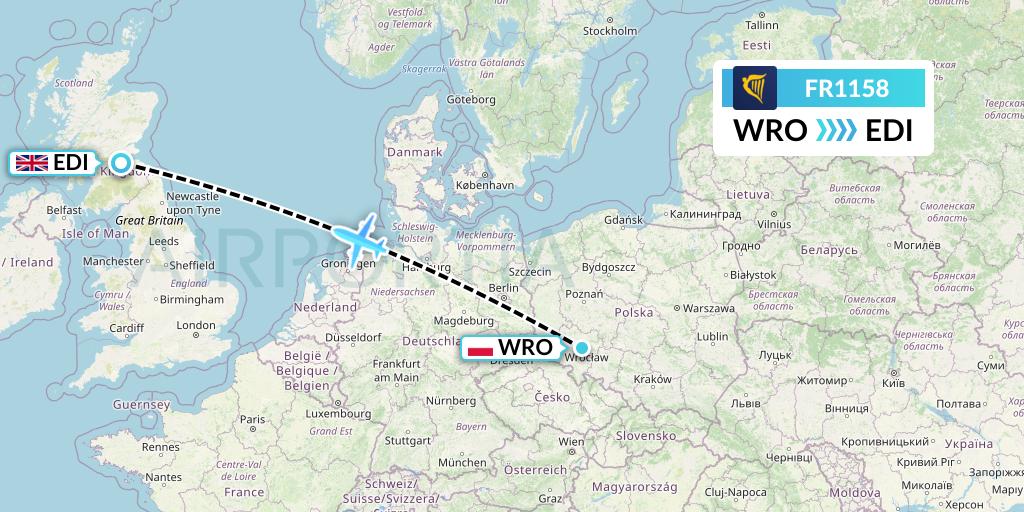 FR1158 Ryanair Flight Map: Wroclaw to Edinburgh
