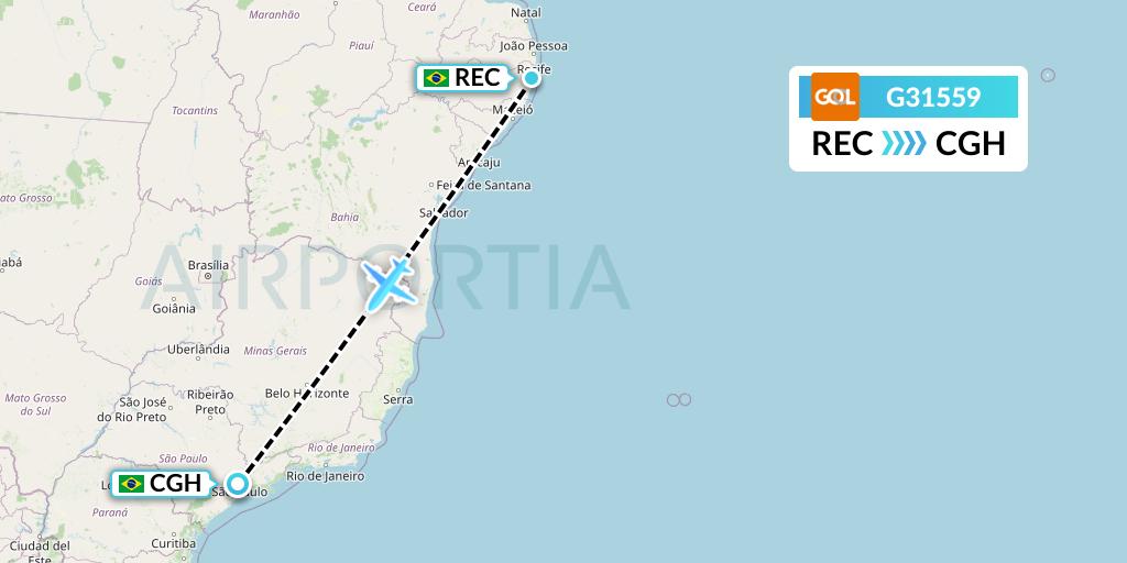 G31559 GOL Transportes Aeros Flight Map: Recife to Sao Paulo
