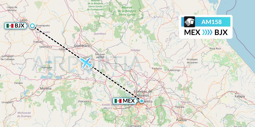 AM158 Aeromexico Flight Map: Mexico City to Silao