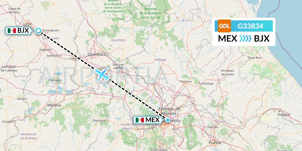 G33834 GOL Transportes Aeros Flight Map: Mexico City to Silao