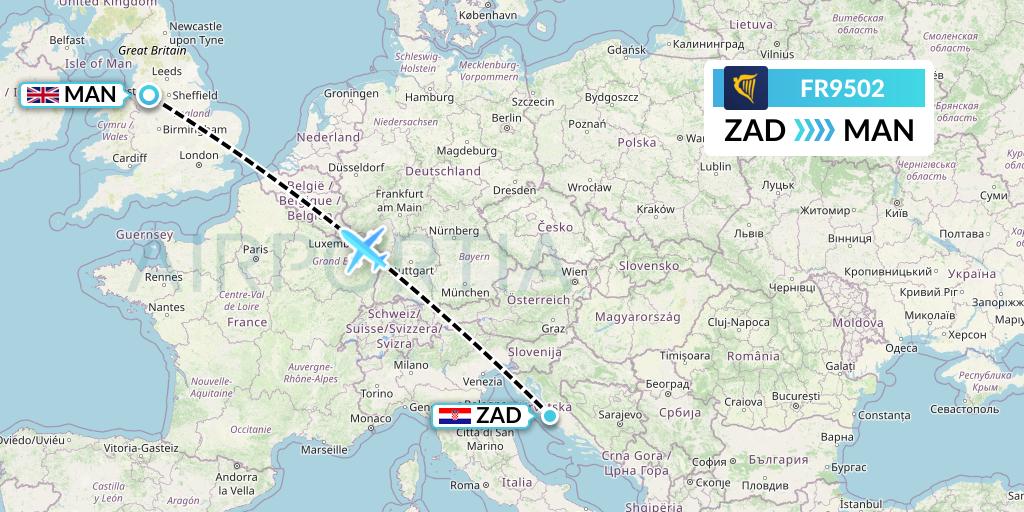 FR9502 Ryanair Flight Map: Zadar to Manchester