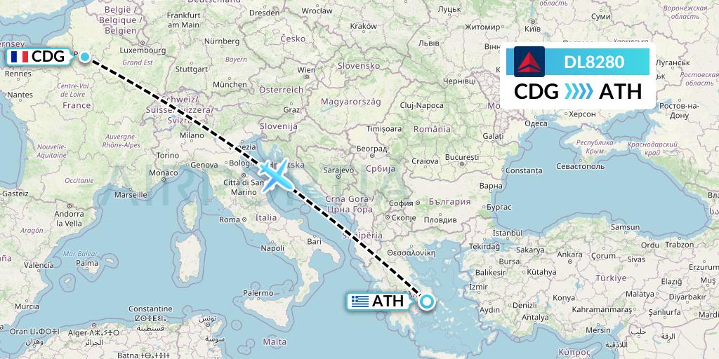 DL8280 Delta Air Lines Flight Map: Paris to Athens