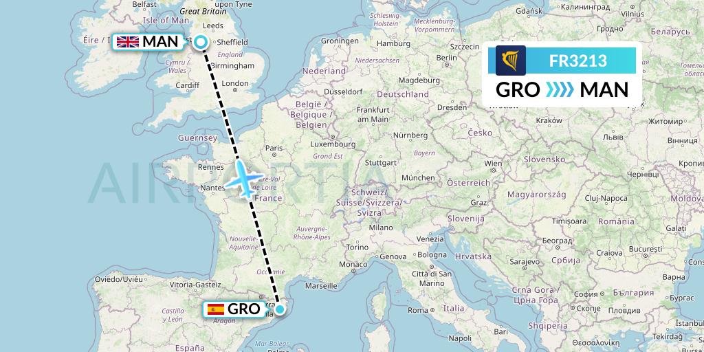 FR3213 Ryanair Flight Map: Girona to Manchester