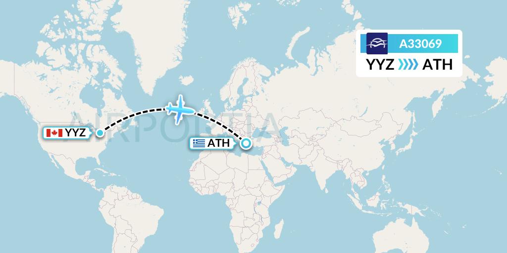 A33069 Aegean Airlines Flight Map: Toronto to Athens