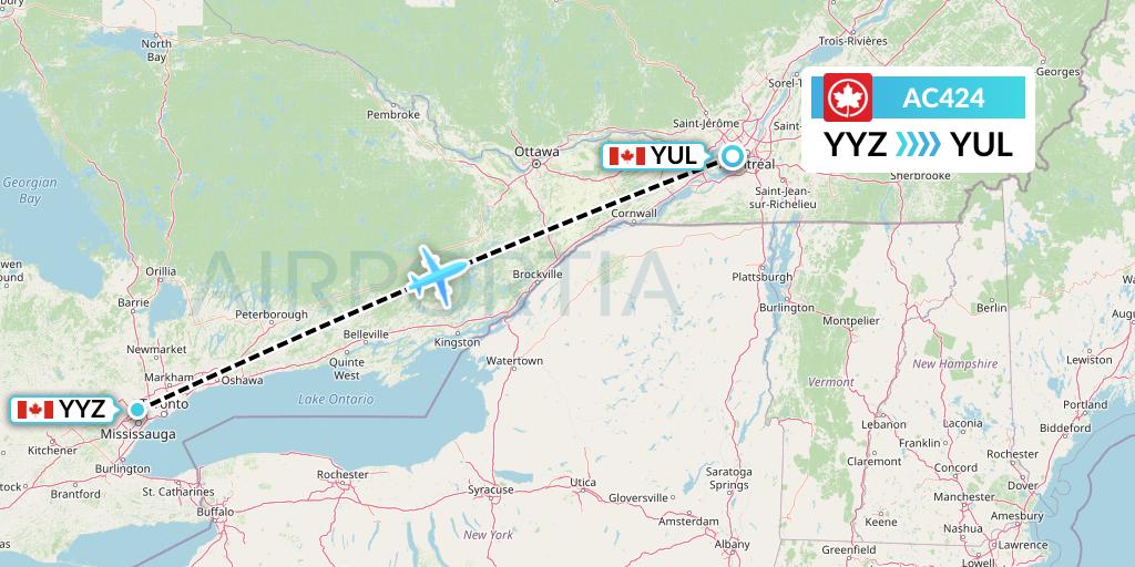 AC424 Air Canada Flight Map: Toronto to Montreal