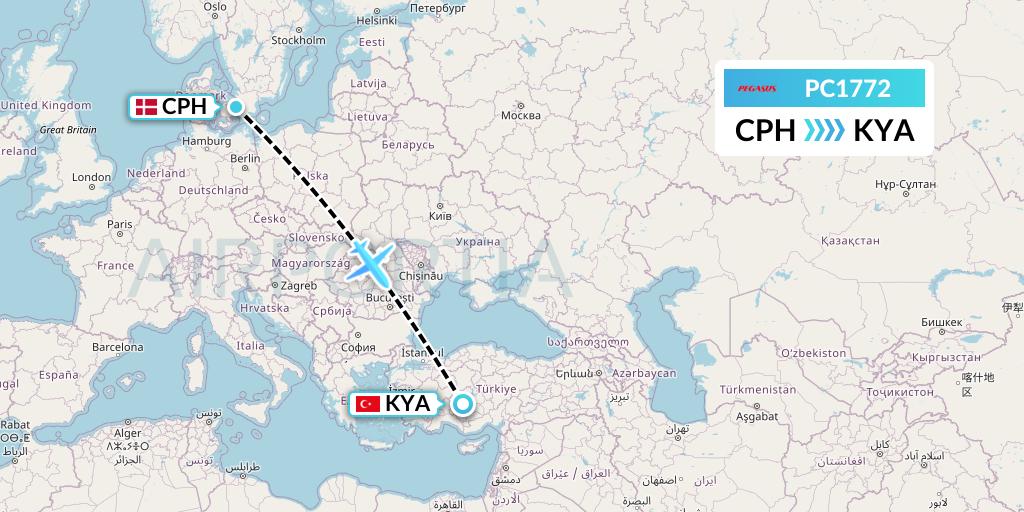 PC1772 Pegasus Airlines Flight Map: Copenhagen to Konya