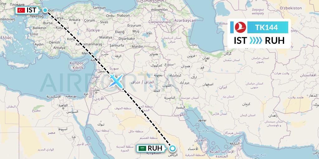 TK144 Turkish Airlines Flight Map: Istanbul to Riyadh