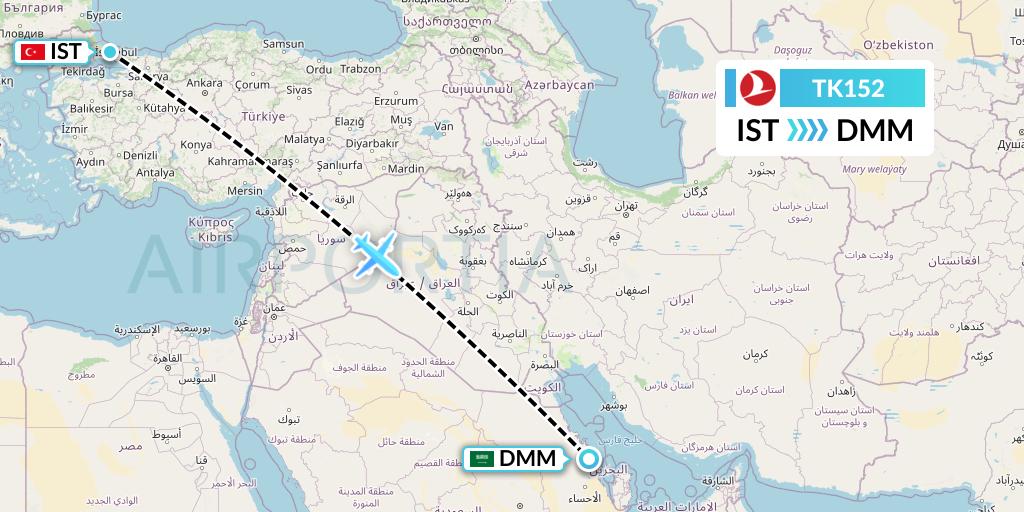 TK152 Turkish Airlines Flight Map: Istanbul to Dammam