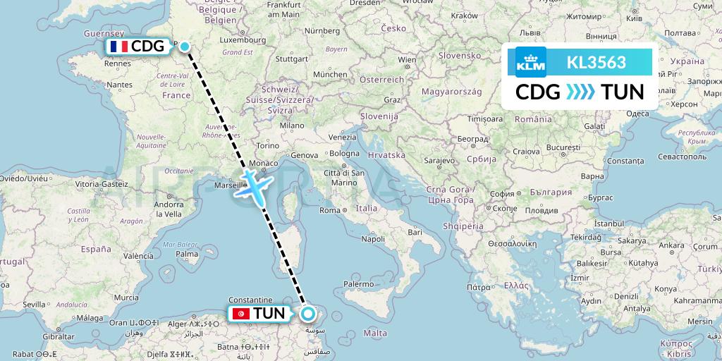 KL3563 KLM Flight Map: Paris to Tunis
