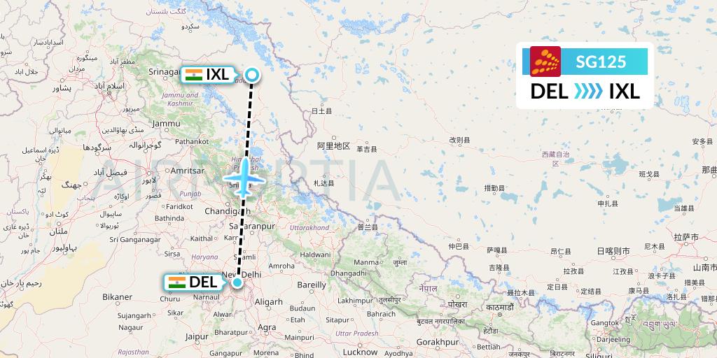 SG125 SpiceJet Flight Map: Delhi to Leh