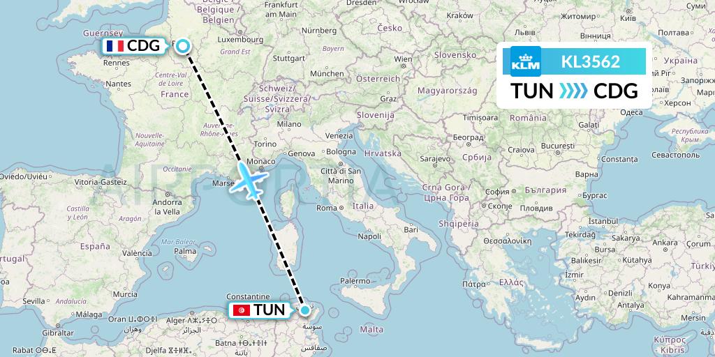 KL3562 KLM Flight Map: Tunis to Paris