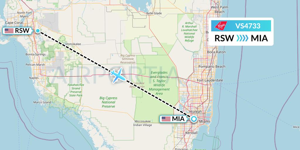VS4733 Virgin Atlantic Airways Flight Map: Fort Myers to Miami
