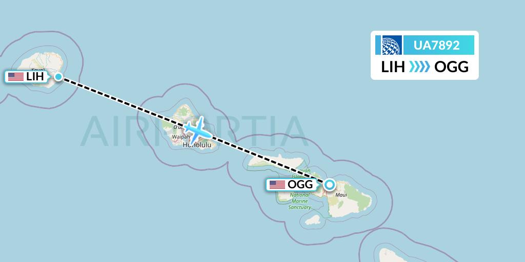 UA7892 United Airlines Flight Map: Lihue to Kahului