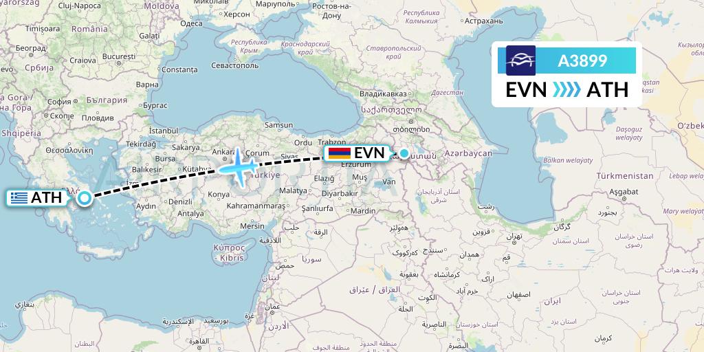 A3899 Aegean Airlines Flight Map: Yerevan to Athens