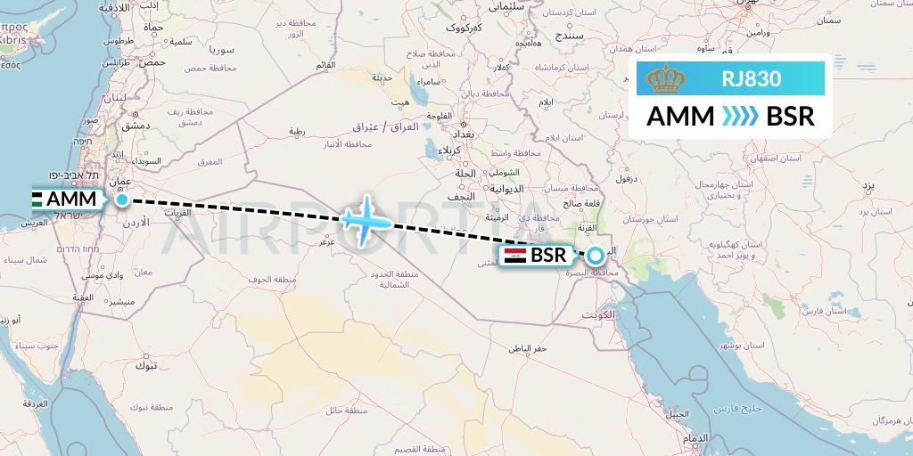 RJ830 Royal Jordanian Flight Map: Amman to Basra