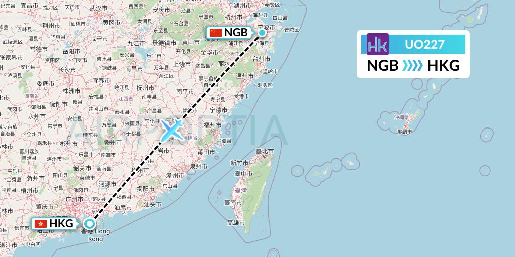 UO227 Hong Kong Express Flight Map: Ningbo to Hong Kong