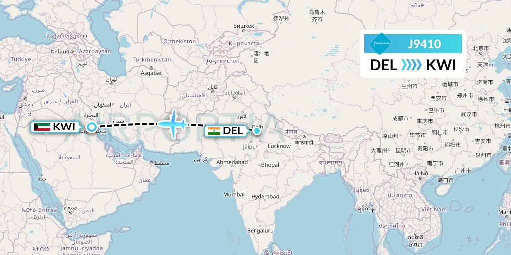 J9410 Jazeera Airways Flight Map: Delhi to Kuwait City