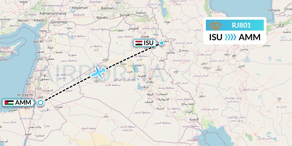 RJ801 Royal Jordanian Flight Map: Sulaimaniyah to Amman
