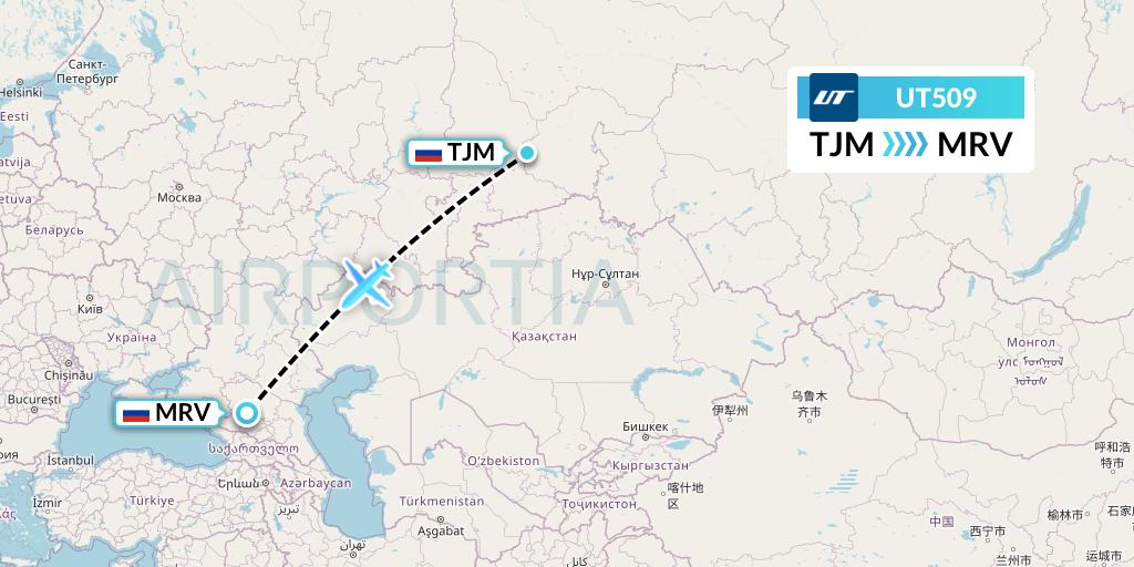 UT509 UTair Flight Map: Tyumen to Mineralnye Vody