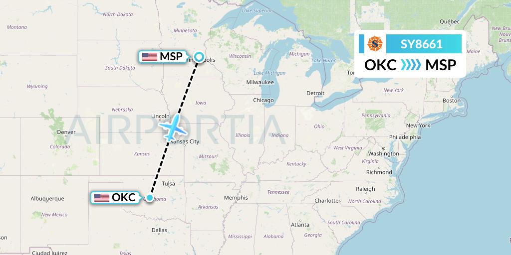 SY8661 Sun Country Airlines Flight Map: Oklahoma City to Minneapolis