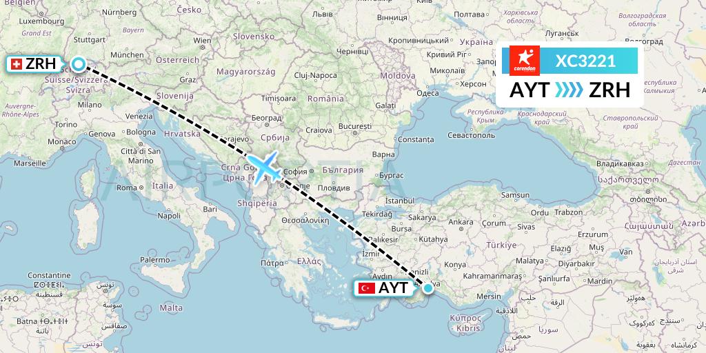 XC3221 Corendon Airlines Flight Map: Antalya to Zurich