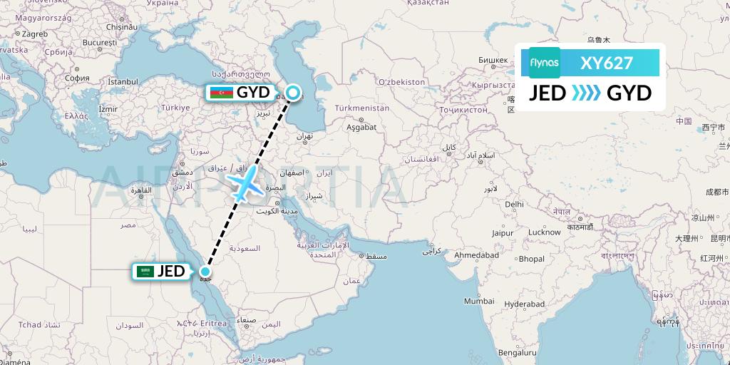 XY627 Flynas Flight Map: Jeddah to Baku