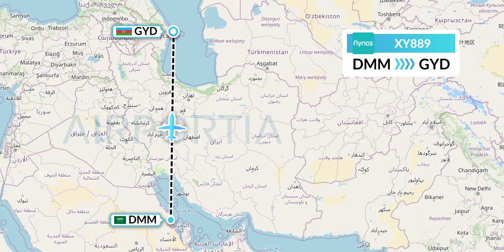 XY889 Flynas Flight Map: Dammam to Baku