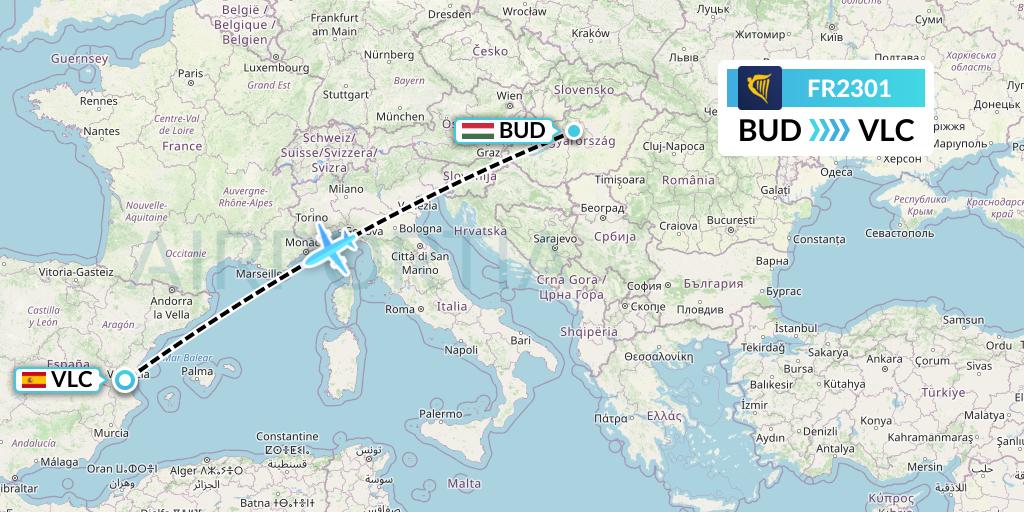 FR2301 Ryanair Flight Map: Budapest to Valencia