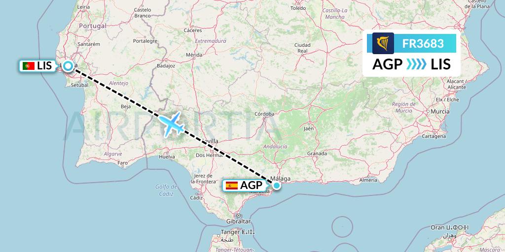 FR3683 Ryanair Flight Map: Malaga to Lisbon