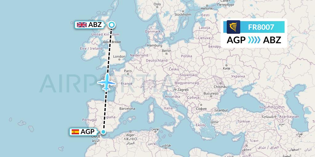 FR8007 Ryanair Flight Map: Malaga to Aberdeen