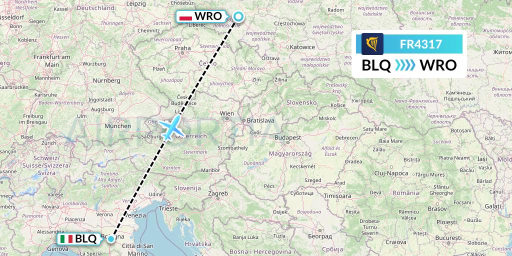 FR4317 Ryanair Flight Map: Bologna to Wroclaw