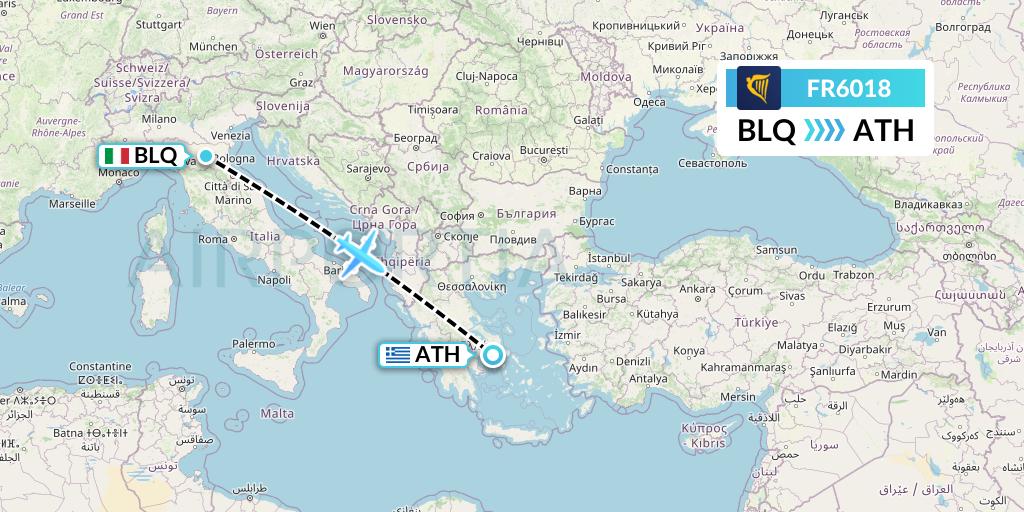FR6018 Ryanair Flight Map: Bologna to Athens