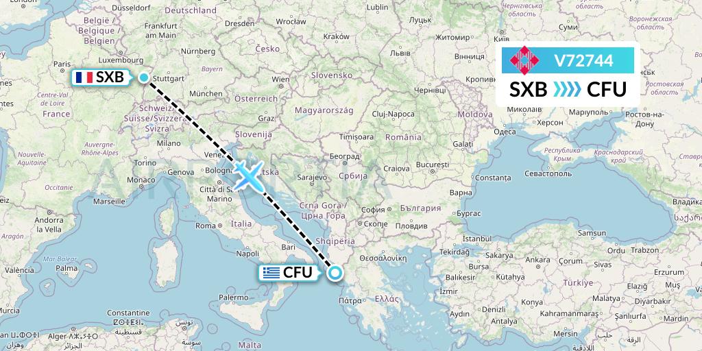 V72744 Volotea Flight Map: Strasbourg to Corfu