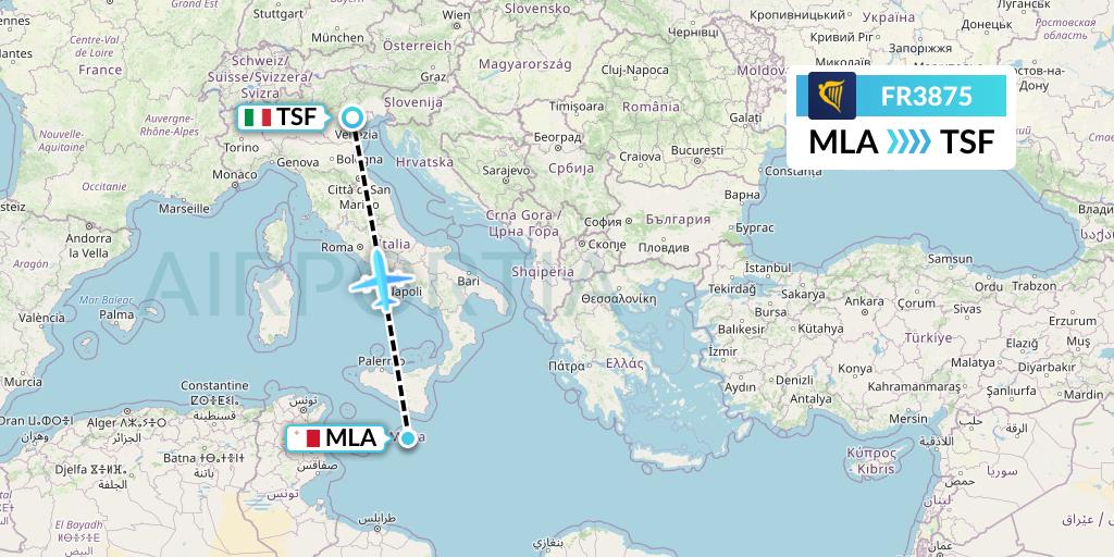 FR3875 Ryanair Flight Map: Malta to Treviso