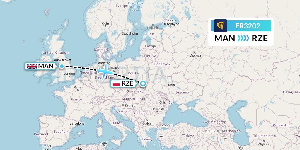 FR3202 Ryanair Flight Map: Manchester to Rzeszow