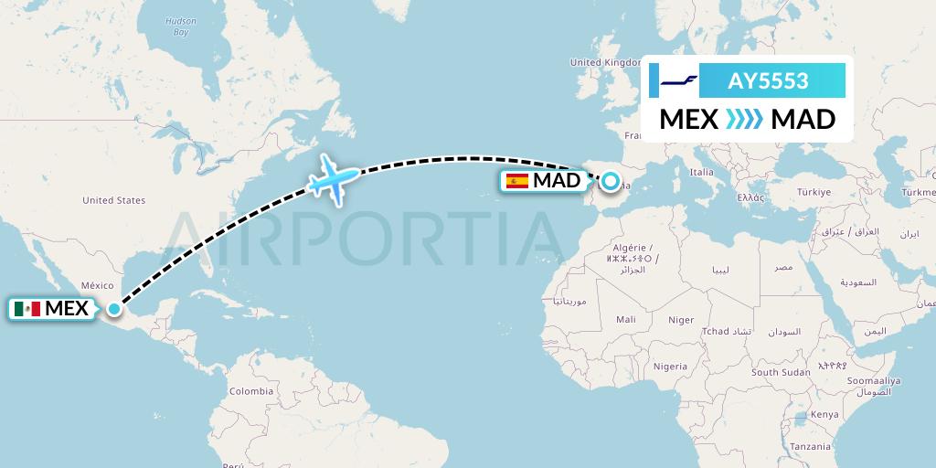 AY5553 Finnair Flight Map: Mexico City to Madrid