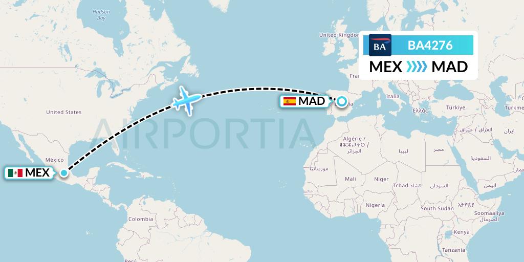 BA4276 British Airways Flight Map: Mexico City to Madrid