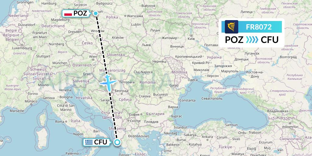 FR8072 Ryanair Flight Map: Poznan to Corfu