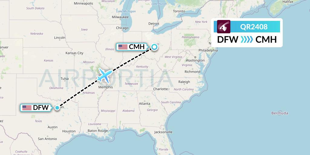 QR2408 Qatar Airways Flight Map: Dallas to Columbus