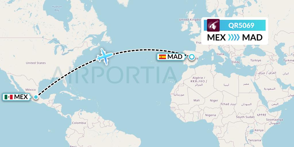 QR5069 Qatar Airways Flight Map: Mexico City to Madrid