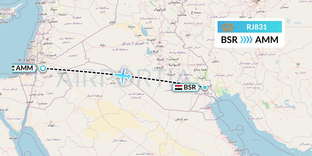 RJ831 Royal Jordanian Flight Map: Basra to Amman