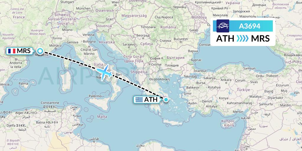 A3694 Aegean Airlines Flight Map: Athens to Marseille