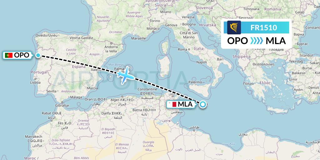 FR1510 Ryanair Flight Map: Porto to Malta