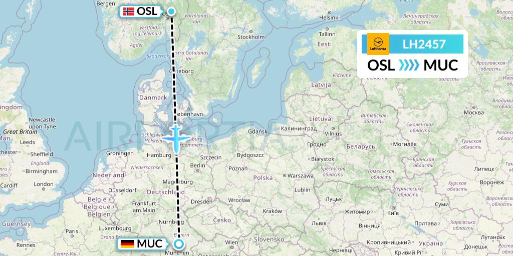 LH2457 Lufthansa Flight Map: Oslo to Munich