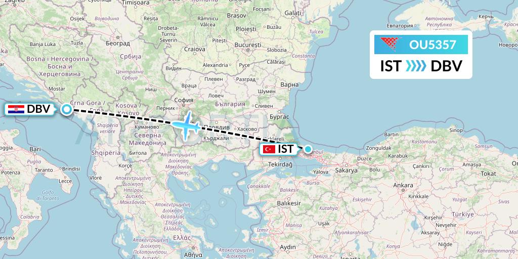 OU5357 Croatia Airlines Flight Map: Istanbul to Dubrovnik
