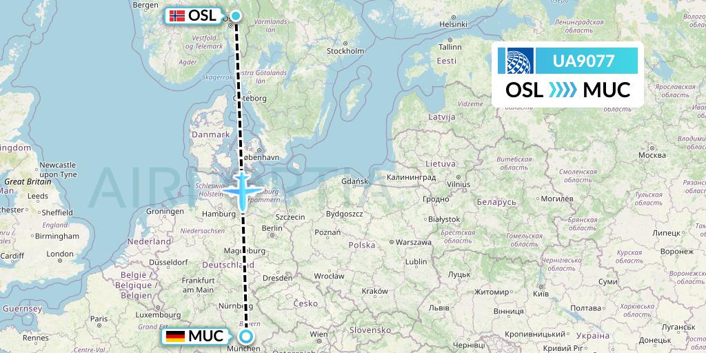 UA9077 United Airlines Flight Map: Oslo to Munich