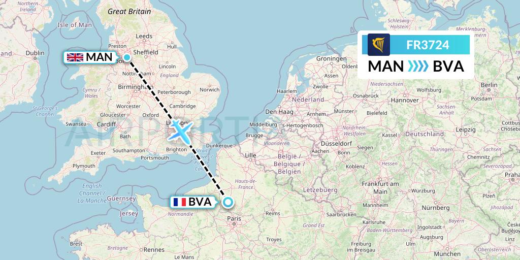FR3724 Ryanair Flight Map: Manchester to Paris