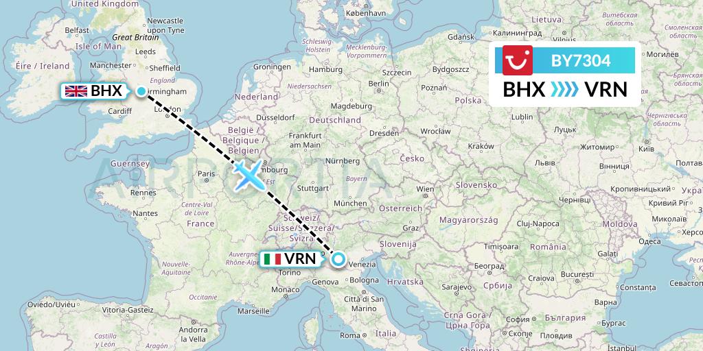 BY7304 TUI Airways Flight Map: Birmingham to Verona